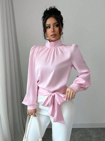 Women's Small Mock Neck Waist Tie Bow Long Sleeve Blouse