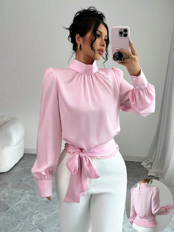 Women's Small Mock Neck Waist Tie Bow Long Sleeve Blouse