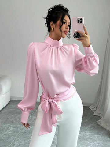 Women's Small Mock Neck Waist Tie Bow Long Sleeve Blouse