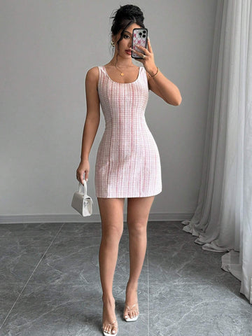 Women's Summer Plaid Round Neck Sleeveless Elegant Dress
