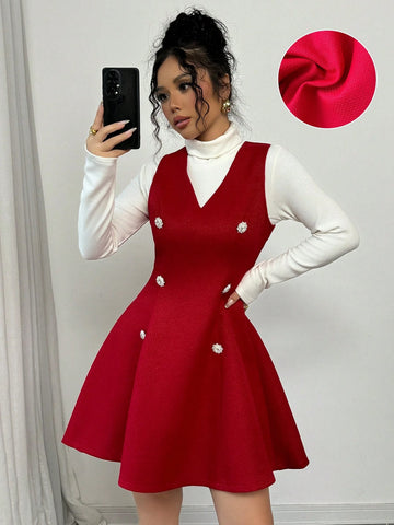Women's V-Neck Rhinestone Buckle Elegant Tweed Waist Gathered A-Line Pinafore Dress