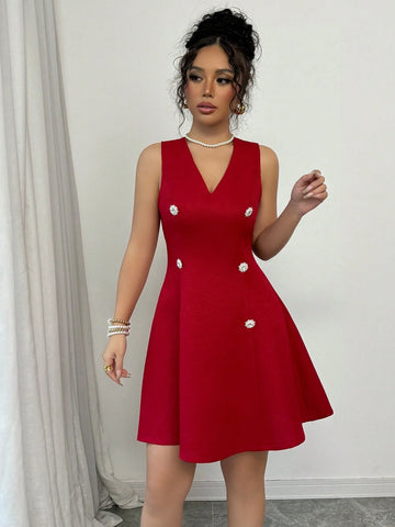 Women's V-Neck Rhinestone Buckle Elegant Tweed Waist Gathered A-Line Pinafore Dress