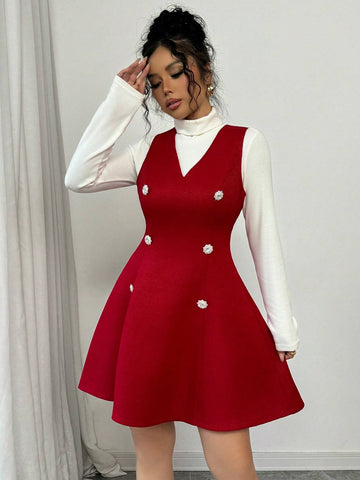 Women's V-Neck Rhinestone Buckle Elegant Tweed Waist Gathered A-Line Pinafore Dress