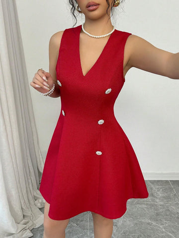 Women's V-Neck Rhinestone Buckle Elegant Tweed Waist Gathered A-Line Pinafore Dress
