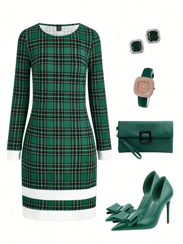 Women's Christmas Plaid Patchwork Hem Elegant Fitted Round Neck Dress