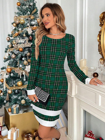 Women's Christmas Plaid Patchwork Hem Elegant Fitted Round Neck Dress