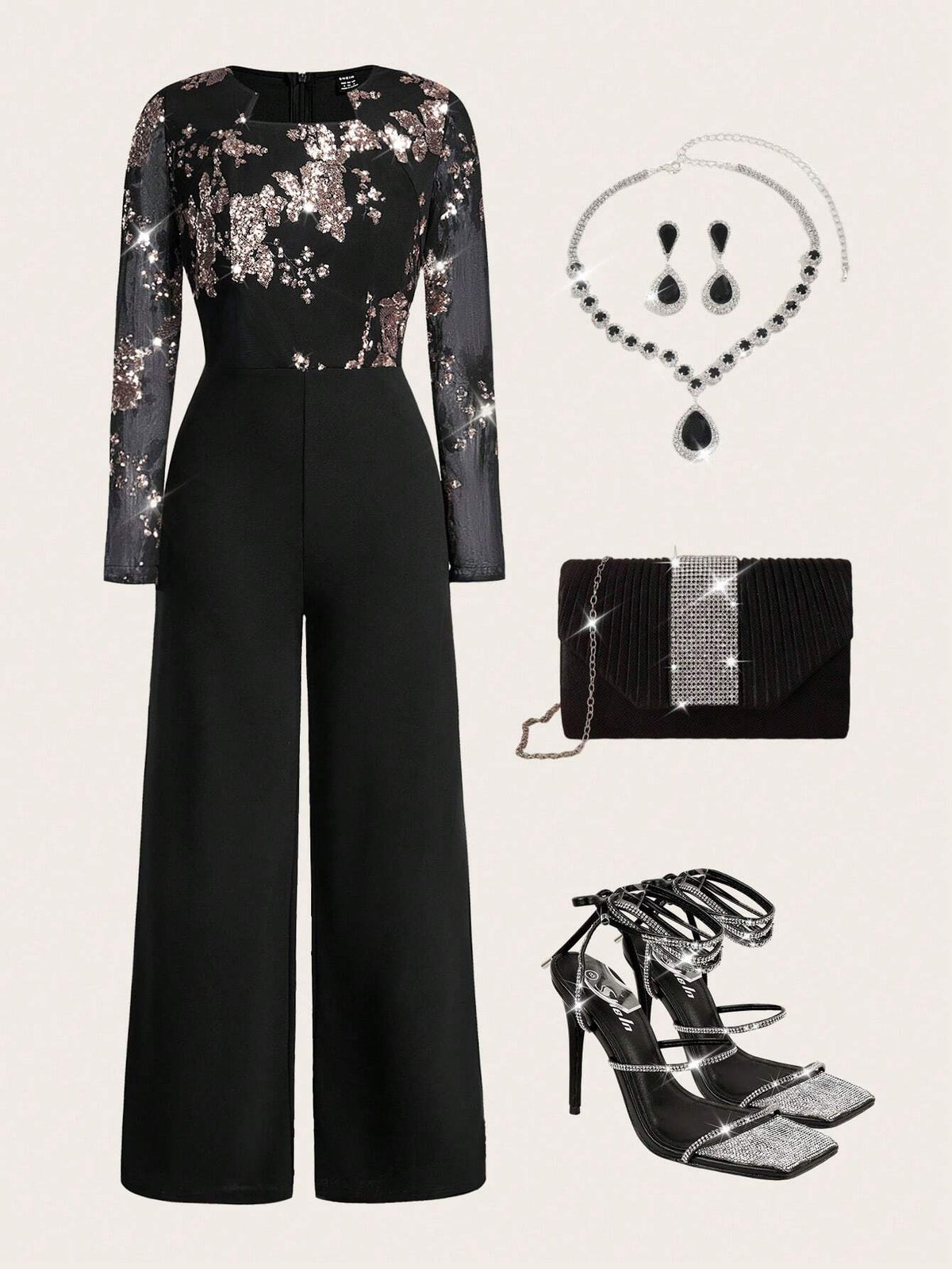 Women's Elegant Party Jumpsuit, Black & Gold Sequin Patchwork Long Sleeve Skinny Fit New Arrival, Suitable For Autumn/Winter