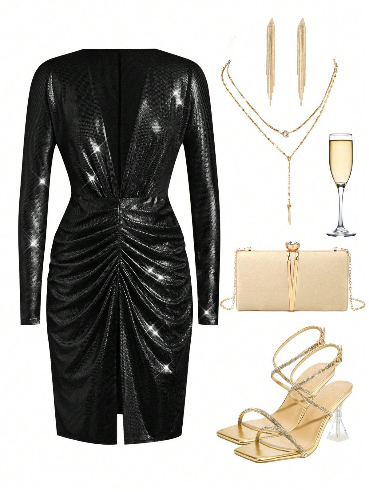 Women's Sequin Embellished Short Dress, Solid Color, Long Sleeve, Casual And Fashionable For