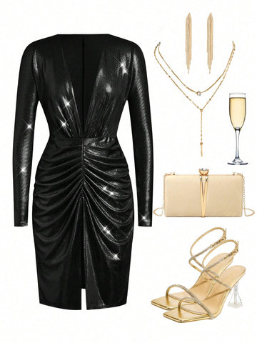 Women's Sequin Embellished Short Dress, Solid Color, Long Sleeve, Casual And Fashionable For