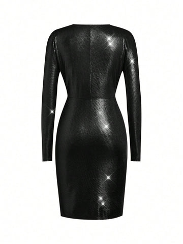 Women's Sequin Embellished Short Dress, Solid Color, Long Sleeve, Casual And Fashionable For