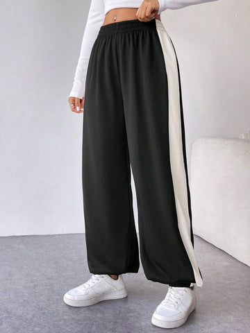 Essnce 1PC Women Casual Loose Fit Contrast Color Drawstring Waist Wide Leg Sweatpants