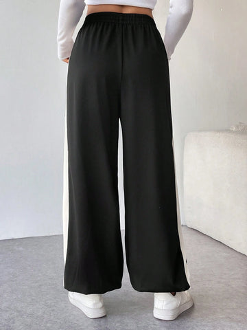 Essnce 1PC Women Casual Loose Fit Contrast Color Drawstring Waist Wide Leg Sweatpants