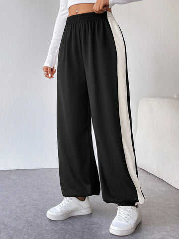 Essnce 1PC Women Casual Loose Fit Contrast Color Drawstring Waist Wide Leg Sweatpants
