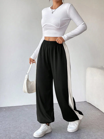 Essnce 1PC Women Casual Loose Fit Contrast Color Drawstring Waist Wide Leg Sweatpants