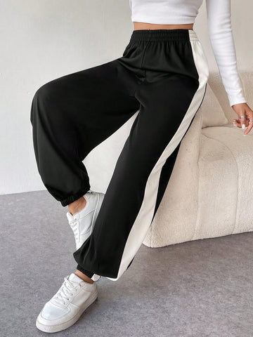 Essnce 1PC Women Casual Loose Fit Contrast Color Drawstring Waist Wide Leg Sweatpants