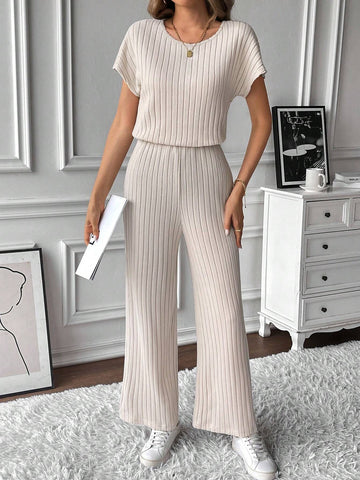 1pc Plain V-Neck Batwing Sleeve Minimalist Top And Long Pants Casual Jumpsuit