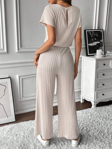 1pc Plain V-Neck Batwing Sleeve Minimalist Top And Long Pants Casual Jumpsuit