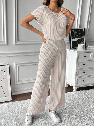 1pc Plain V-Neck Batwing Sleeve Minimalist Top And Long Pants Casual Jumpsuit