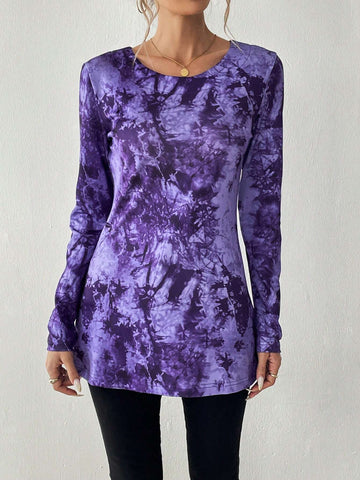 Essnce 1pc Tie-Dye Print Long Sleeve Casual Top, Autumn