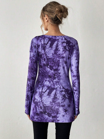 Essnce 1pc Tie-Dye Print Long Sleeve Casual Top, Autumn