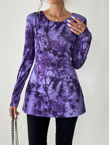 Essnce 1pc Tie-Dye Print Long Sleeve Casual Top, Autumn