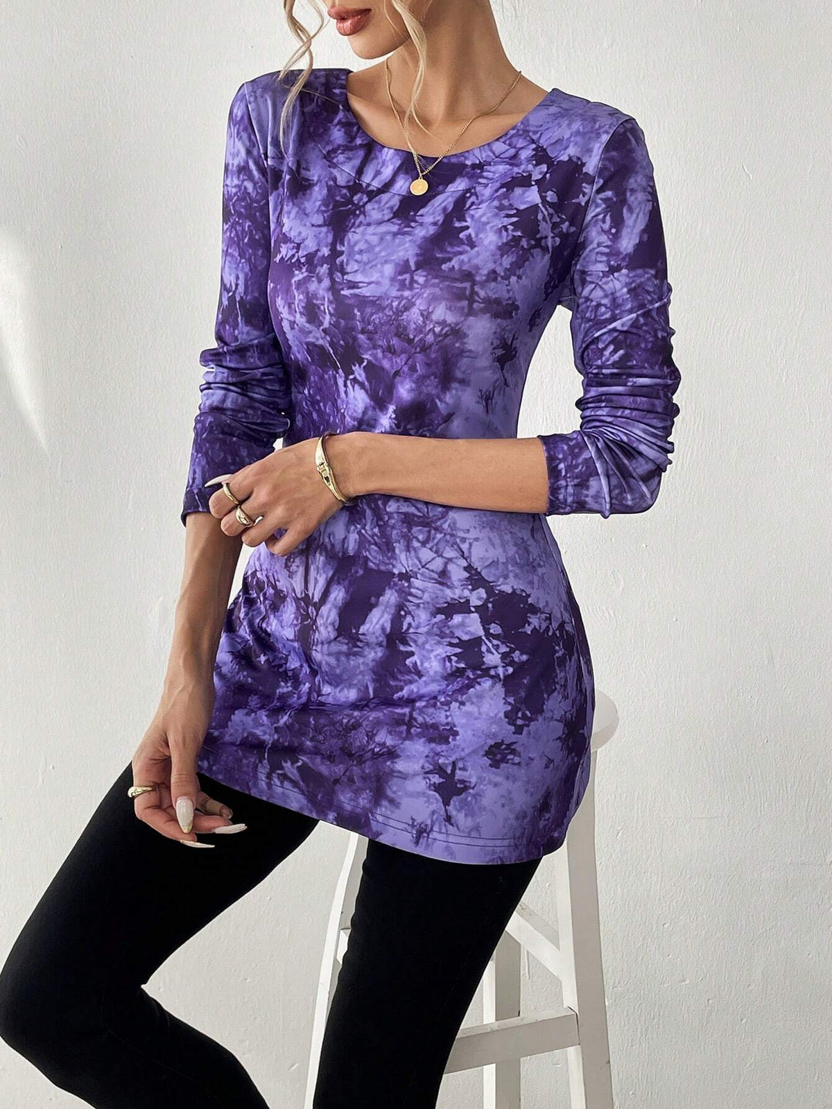 Essnce 1pc Tie-Dye Print Long Sleeve Casual Top, Autumn