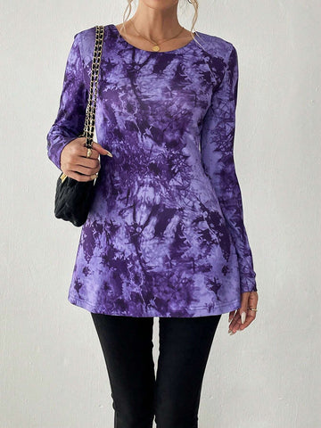 Essnce 1pc Tie-Dye Print Long Sleeve Casual Top, Autumn