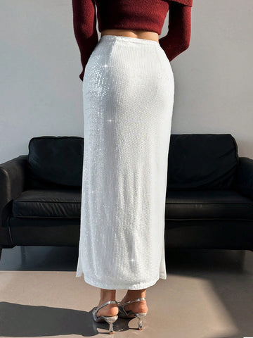 Essnce 1pc Women Elegant Sequin Patchwork Slit Skirt, Work Wear