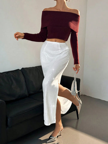 Essnce 1pc Women Elegant Sequin Patchwork Slit Skirt, Work Wear