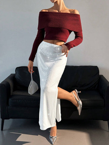 Essnce 1pc Women Elegant Sequin Patchwork Slit Skirt, Work Wear