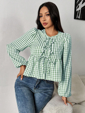 Essnce 1pc Women Plaid Print Long Sleeve Ruffle Tie Bow Blouse, Casual For Daily Wear