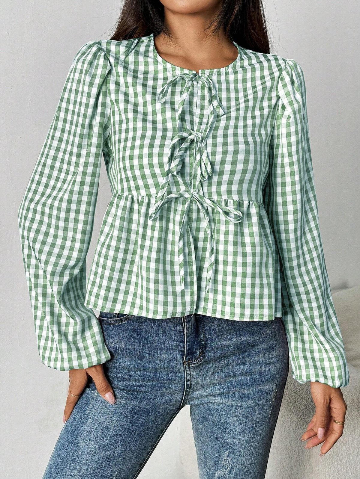 Essnce 1pc Women Plaid Print Long Sleeve Ruffle Tie Bow Blouse, Casual For Daily Wear