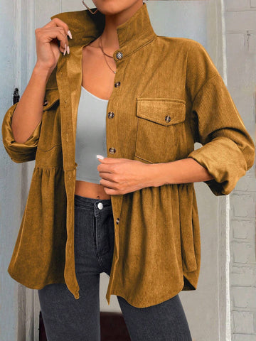 Essnce 1pc Women Plain Color Front Button Long Sleeve Pocket Minimalist Casual Top, Daily Wear