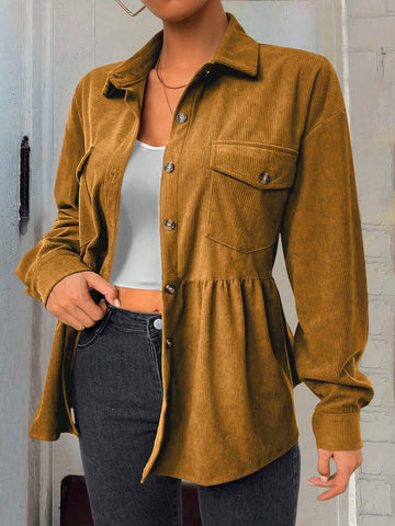 Essnce 1pc Women Plain Color Front Button Long Sleeve Pocket Minimalist Casual Top, Daily Wear