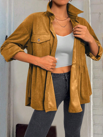 Essnce 1pc Women Plain Color Front Button Long Sleeve Pocket Minimalist Casual Top, Daily Wear