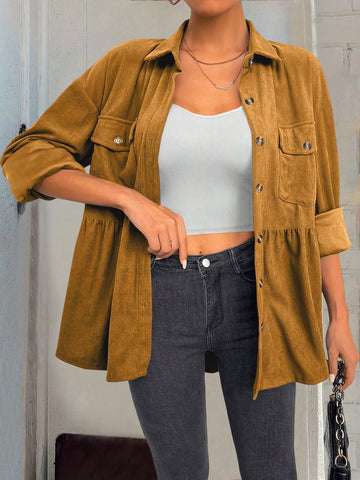 Essnce 1pc Women Plain Color Front Button Long Sleeve Pocket Minimalist Casual Top, Daily Wear