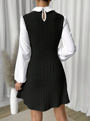 1pc Women Solid Color Patchwork Long Sleeve Casual Short Dress