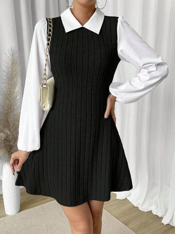 1pc Women Solid Color Patchwork Long Sleeve Casual Short Dress