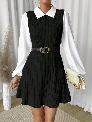 1pc Women Solid Color Patchwork Long Sleeve Casual Short Dress