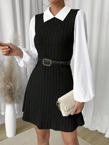 1pc Women Solid Color Patchwork Long Sleeve Casual Short Dress