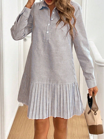 1pc Women Straight Shoulder Long Sleeve Studded Hem Pleated Dress