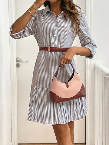 1pc Women Straight Shoulder Long Sleeve Studded Hem Pleated Dress