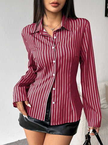 Essnce 1pc Women's Button Front Long Sleeve Striped Casual Shirt (Random Cut)
