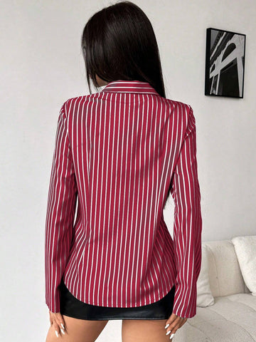 Essnce 1pc Women's Button Front Long Sleeve Striped Casual Shirt (Random Cut)