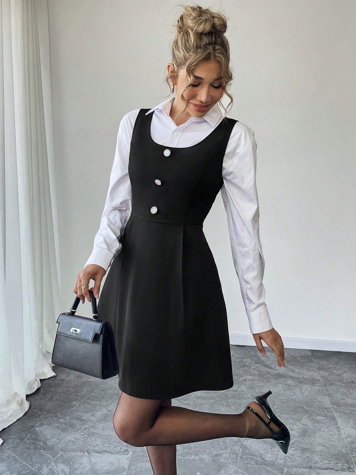 1pc Women's Simple Button Decor Waist Fitted Elegant Dress, Suitable For Summer And Autumn