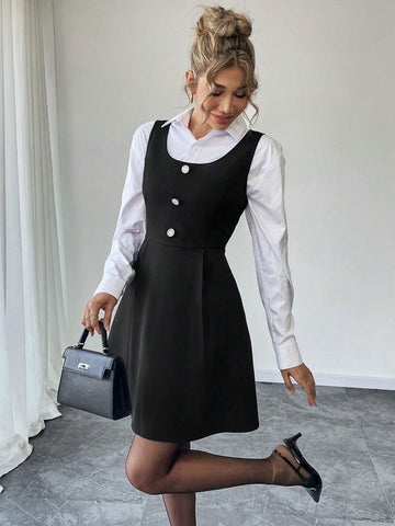 1pc Women's Simple Button Decor Waist Fitted Elegant Dress, Suitable For Summer And Autumn