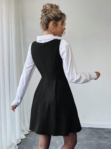 1pc Women's Simple Button Decor Waist Fitted Elegant Dress, Suitable For Summer And Autumn
