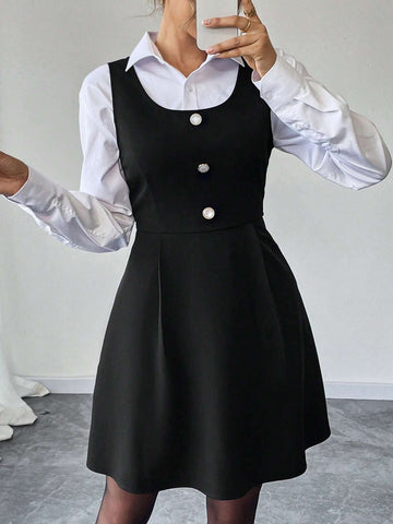 1pc Women's Simple Button Decor Waist Fitted Elegant Dress, Suitable For Summer And Autumn