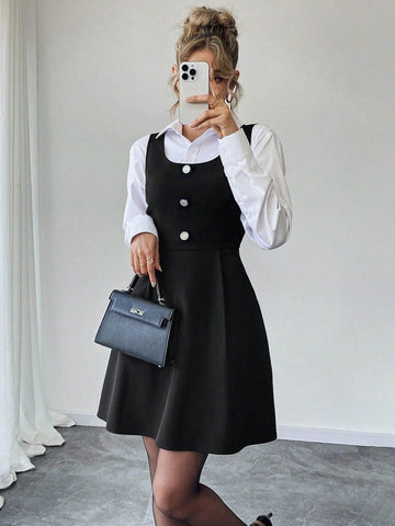 1pc Women's Simple Button Decor Waist Fitted Elegant Dress, Suitable For Summer And Autumn
