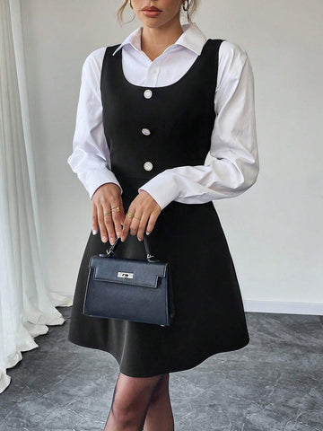 1pc Women's Simple Button Decor Waist Fitted Elegant Dress, Suitable For Summer And Autumn